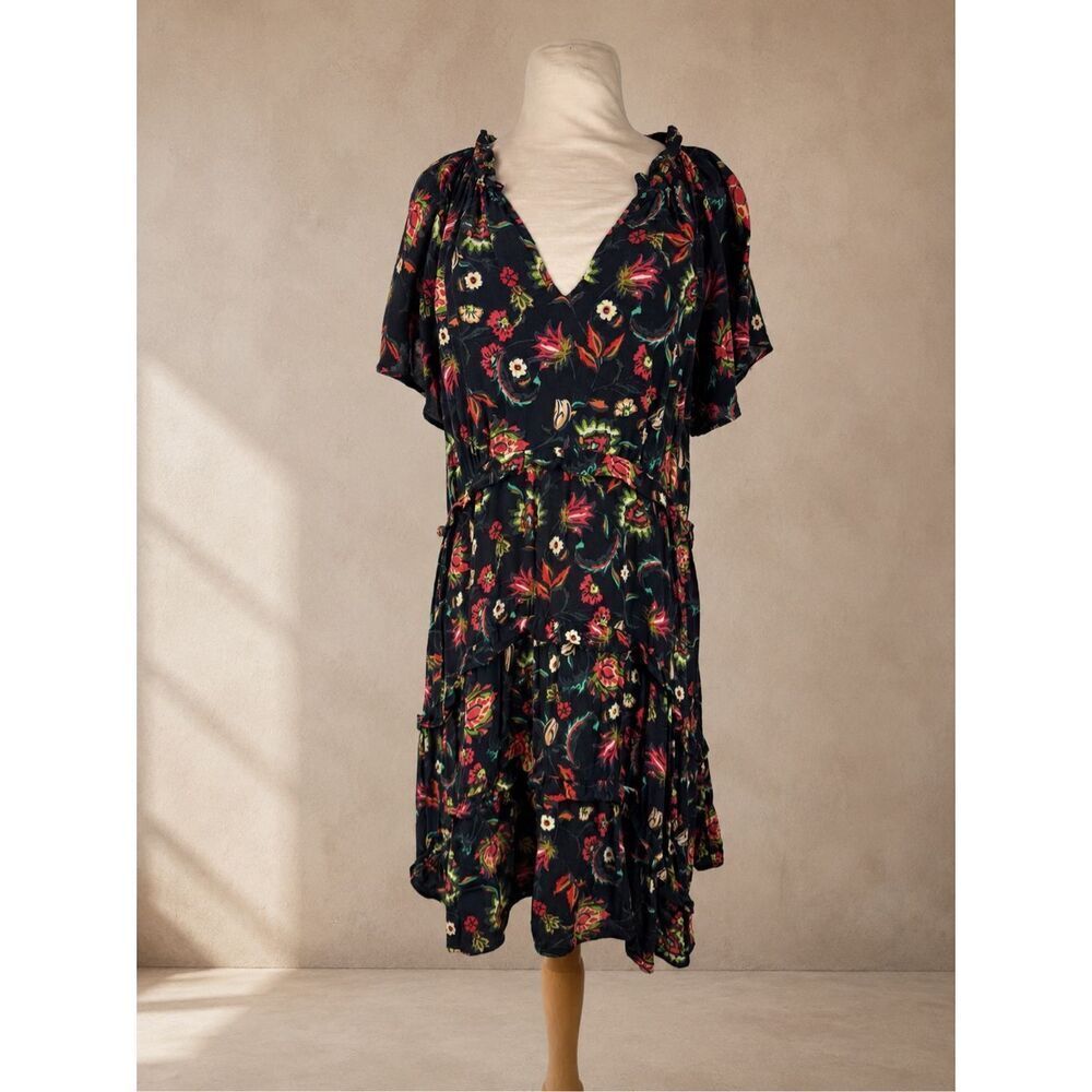 Anthropologie M Robin Tiered Mini Dress Black Floral Ruffle Boho Viscose